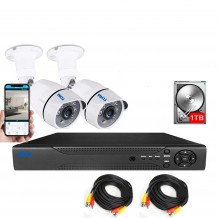 Kit supraveghere video AKU 2 camere SUPER CLEAR AHD + HDD 1TB + DVR 4 canale FULL HD 1080N H264, interior exterior carcase metalice cu infrarosu, iesire internet cu vizualizare pe telefon mobil tableta desktop